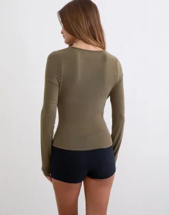 Yubin Keyhole Long Sleeve Top in Cupro Khaki