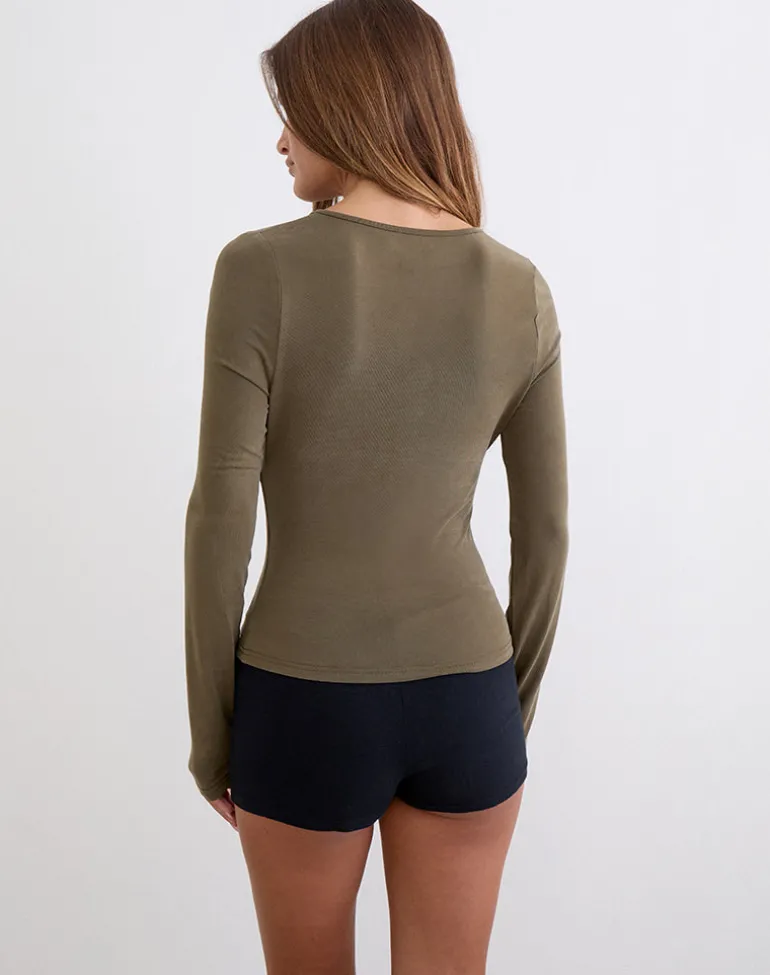 Yubin Keyhole Long Sleeve Top in Cupro Khaki