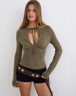 Yubin Keyhole Long Sleeve Top in Cupro Khaki