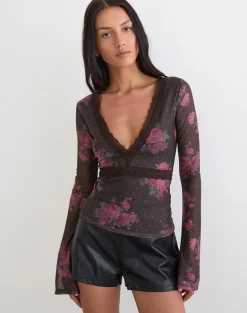 Yudo Top in Brown with Pink Polka Dots and Roses Print