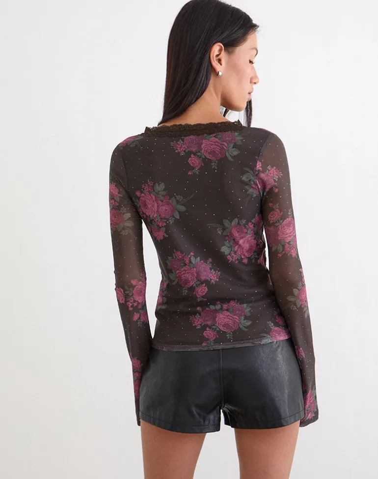 Yudo Top in Brown with Pink Polka Dots and Roses Print