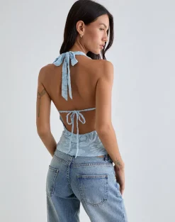 Yukari Plunge Top in Burnout Mesh Blue
