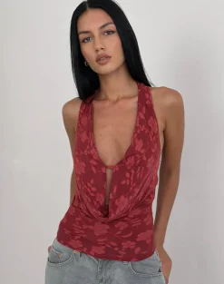 Yukari Plunge Top in Burnout Mesh Red