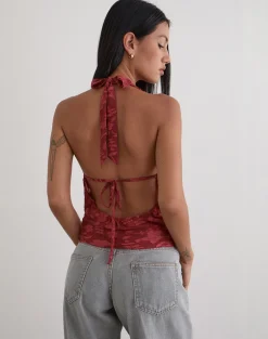 Yukari Plunge Top in Burnout Mesh Red