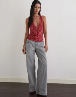Yukari Plunge Top in Burnout Mesh Red
