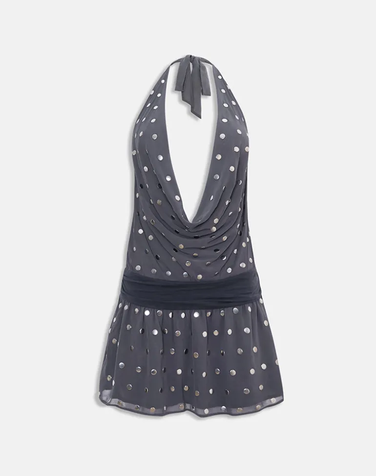 Yukina Mini Dress in Studded Chiffon Dark Grey