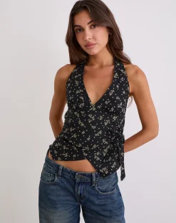 Yung Halterneck Wrap Top in Floral Land Black