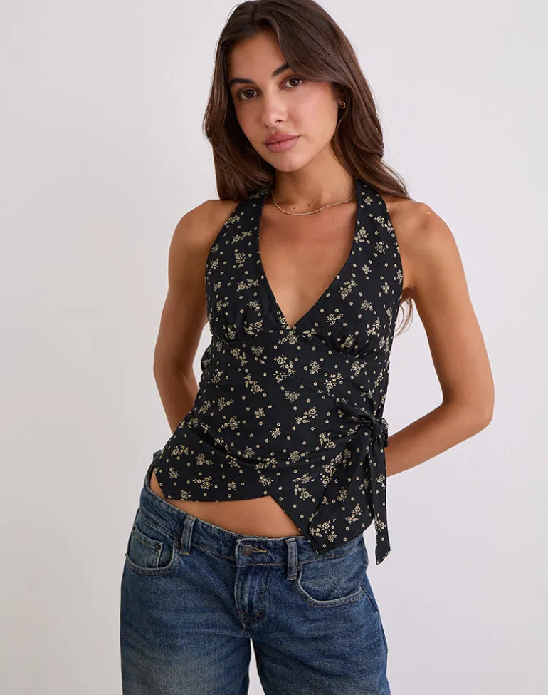 Yung Halterneck Wrap Top in Floral Land Black
