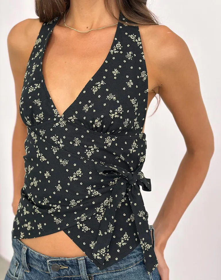 Yung Halterneck Wrap Top in Floral Land Black