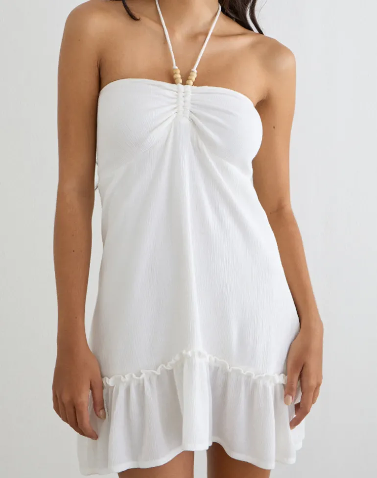 Yvelise Mini Dress in Crinkle Off White with Beads