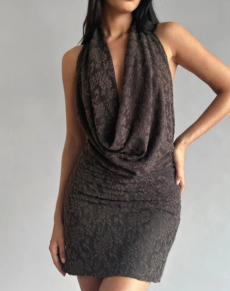 Zari Cowl Neck Mini Dress in Jacquard Knit Brown