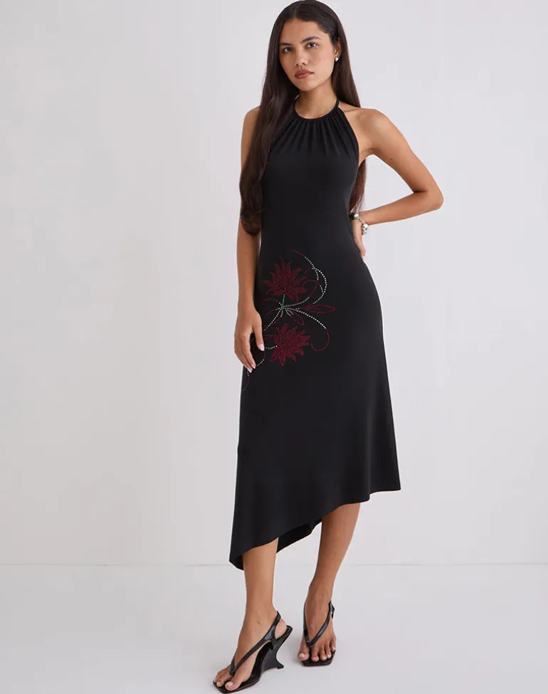 Zavine Midi Dress in Cupro Diamante Flower Black