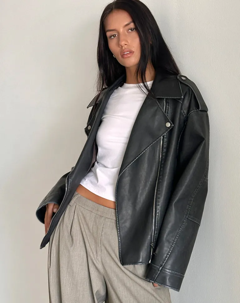 Zebbie Distressed PU Biker Jacket in Black