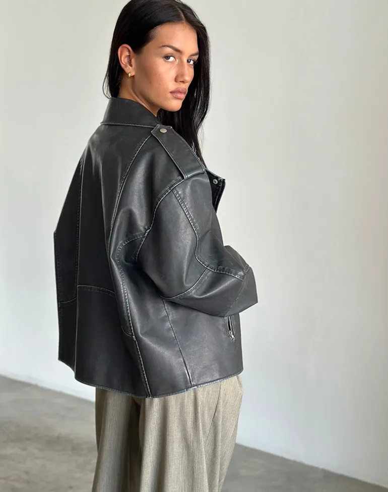 Zebbie Distressed PU Biker Jacket in Black