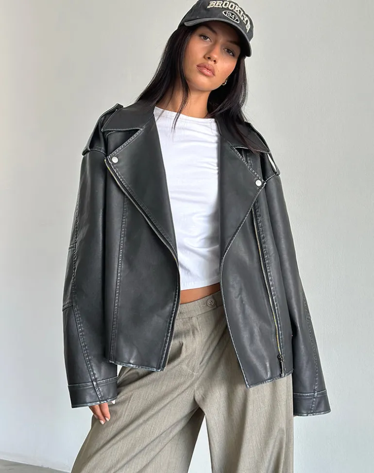 Zebbie Distressed PU Biker Jacket in Black