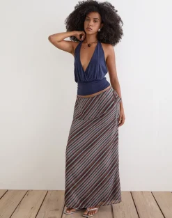 Zelvia Maxi Skirt in Chiffon Grey and Maroon Diagonal Stripe