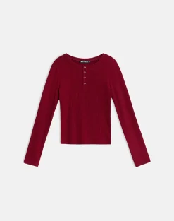 Zinta Long Sleeve Button Up Top in Rib Knit Dark Maroon