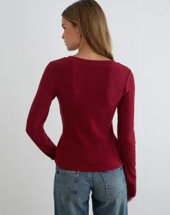Zinta Long Sleeve Button Up Top in Rib Knit Dark Maroon