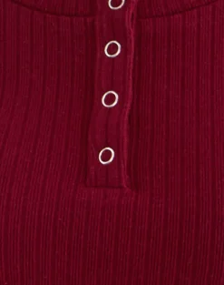 Zinta Long Sleeve Button Up Top in Rib Knit Dark Maroon