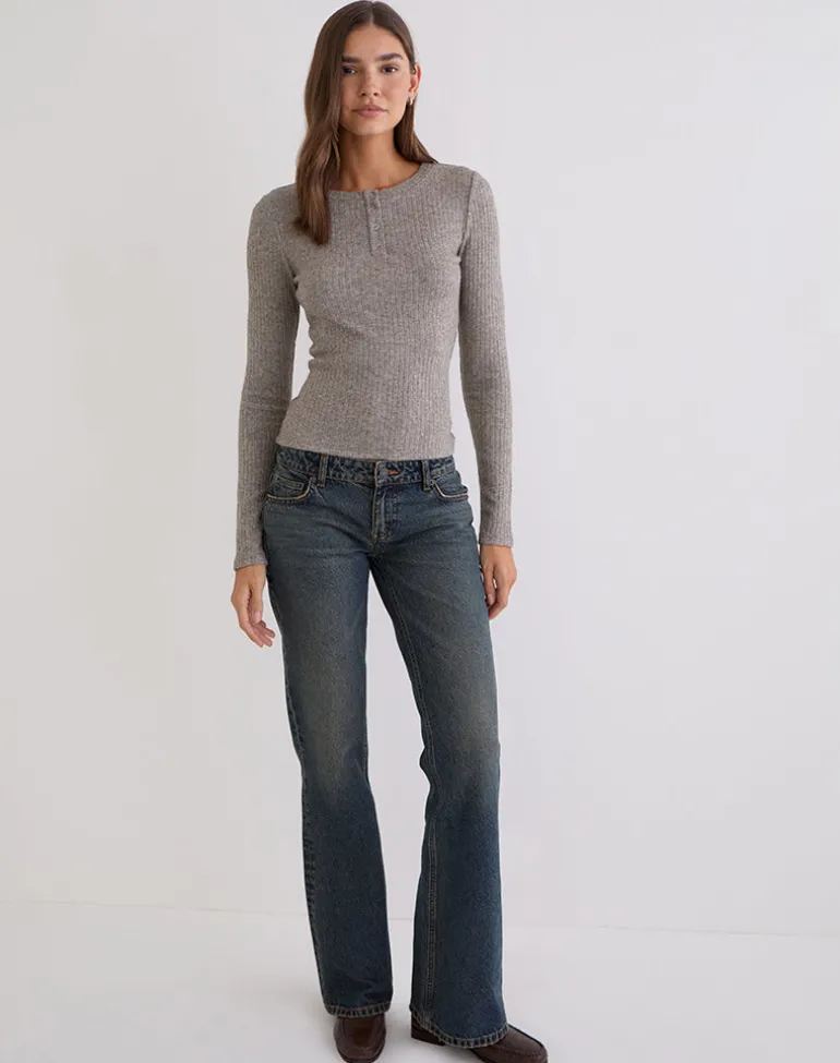 Zinta Long Sleeve Button Up Top in Ribbed Knit Grey