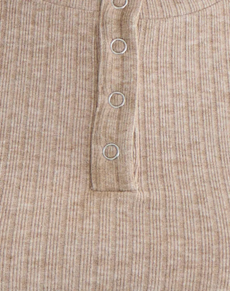 Zinta Long Sleeve Button Up Top in Rib Knit Oat
