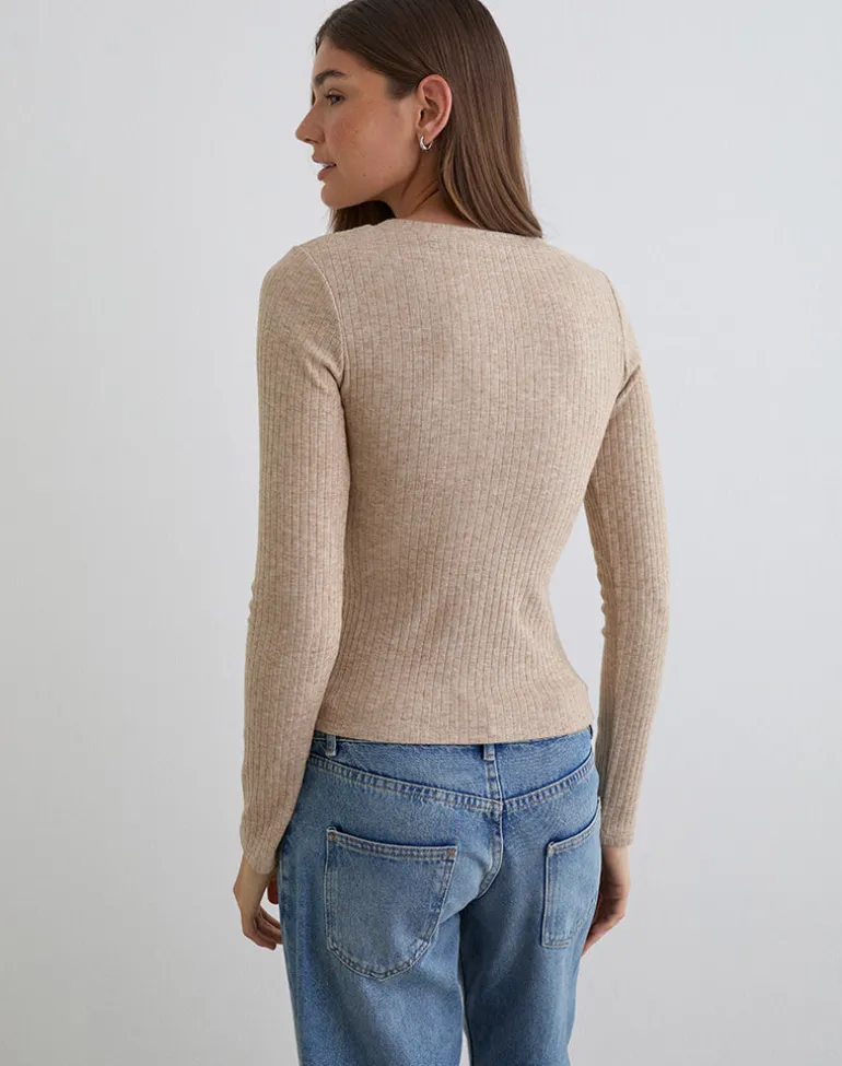 Zinta Long Sleeve Button Up Top in Rib Knit Oat
