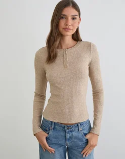 Zinta Long Sleeve Button Up Top in Rib Knit Oat