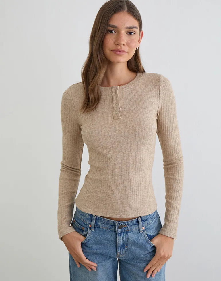 Zinta Long Sleeve Button Up Top in Rib Knit Oat