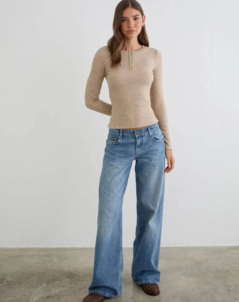 Zinta Long Sleeve Button Up Top in Rib Knit Oat