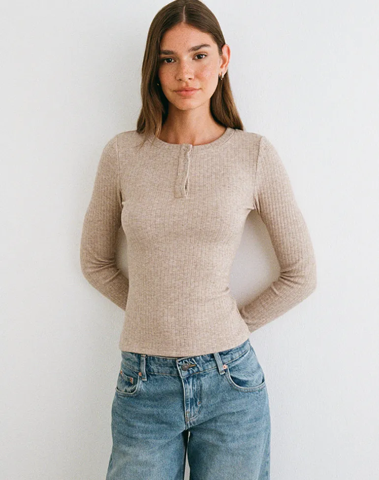 Zinta Long Sleeve Button Up Top in Rib Knit Oat