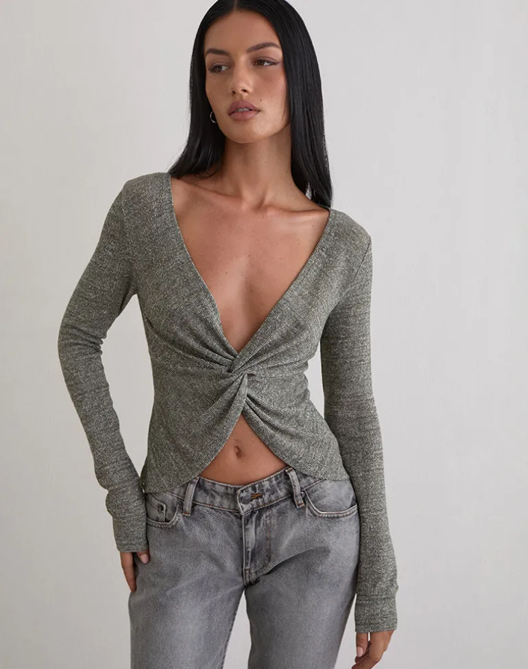 Zoril Twist Top in Glitter Knit Khaki